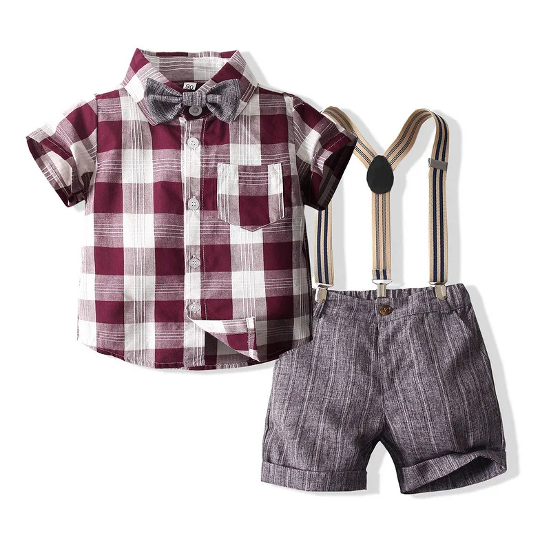 

5866 Summer Baby Toddler Boy Clothing Set Gentleman Birthday Suits Party Cotton Plaid Bow Shirts Top + Suspenders Short 2pcs Set, As shown