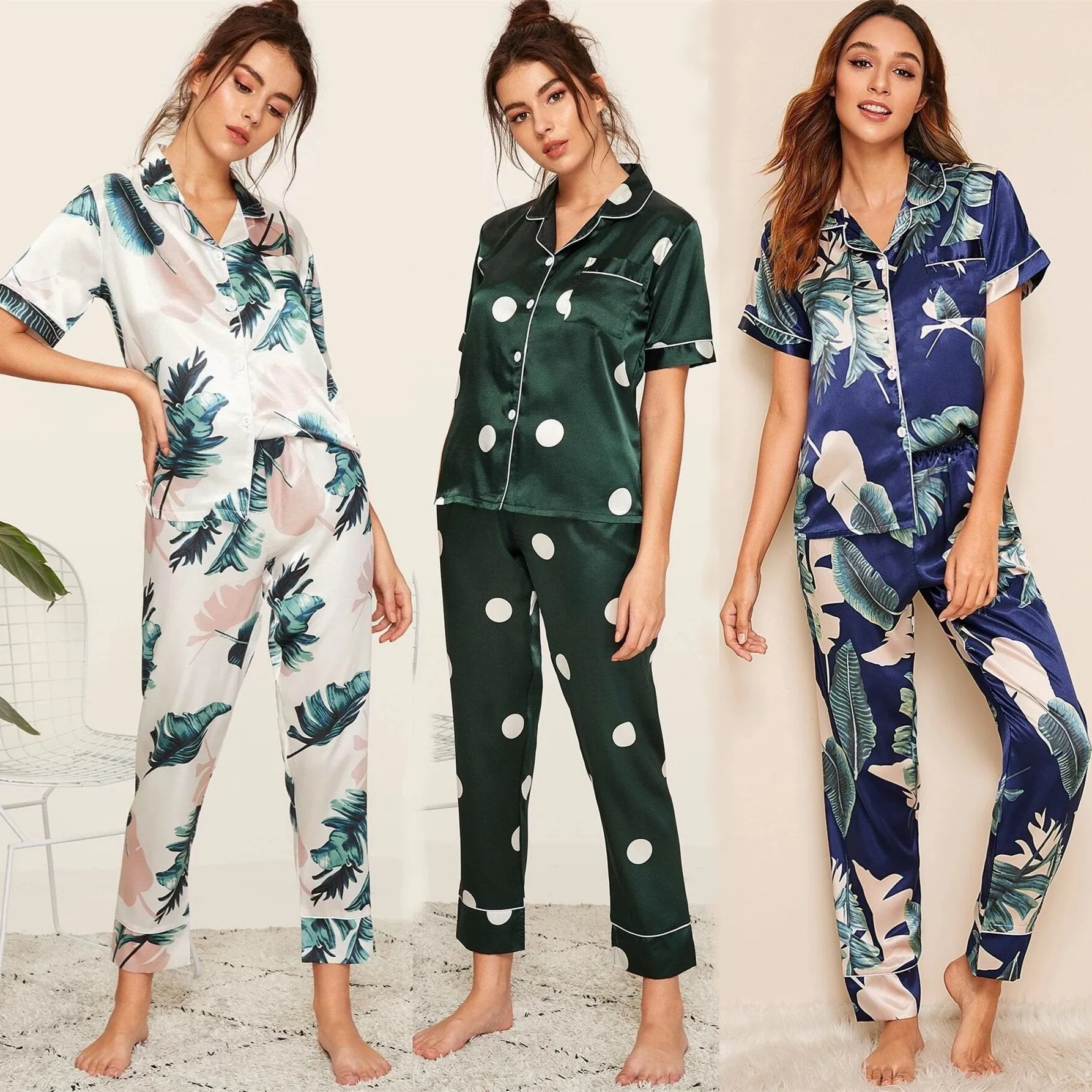 

Samwestart 2021 Women Silk Satin embroider Pajamas 2pcs Long Sleeve Loungewear Pajamas ladies Sleepwear night PJ Sets, Customized color
