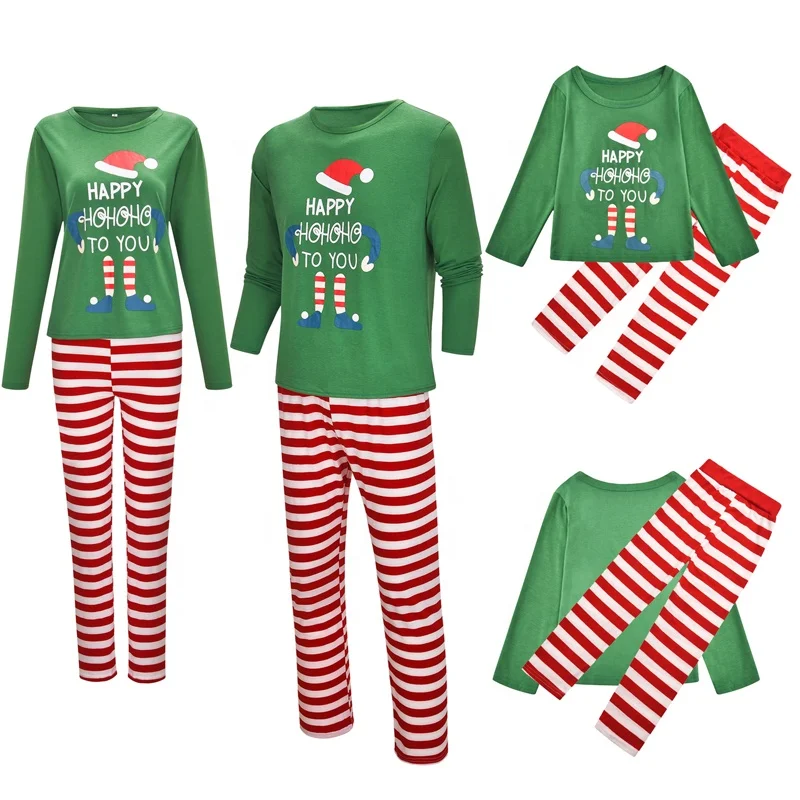 

2021 New style Plus size green Matching Family Christmas Cotton Pajamas Sets ELF Tee and Striped Bottom PJ's Tiktok, Picture shows