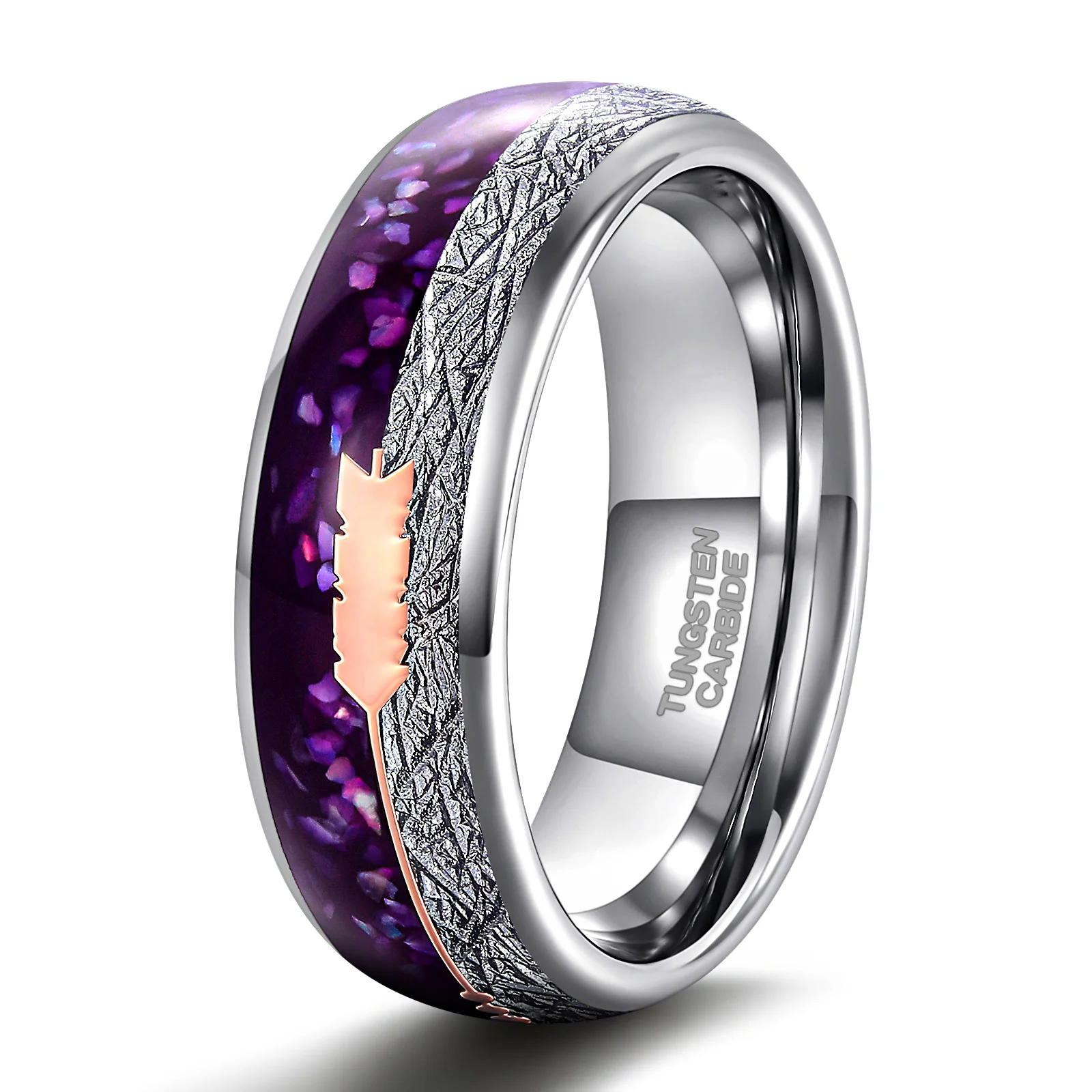 OAHLAN 8mm Rose Gold Arrow Purple Agate and Meteorite Domed Ring Men Women Wedding Engagement Bands High Polish Tungsten Ring