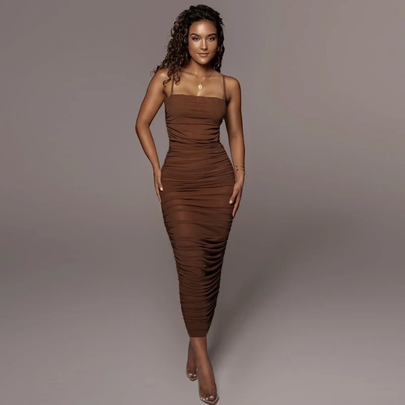 

CuteNOVA X21DS402 Sexy See Through Net Maxi Dresses Women Sleeveless Solid Color Strap Clubwear Bodycon Dresses