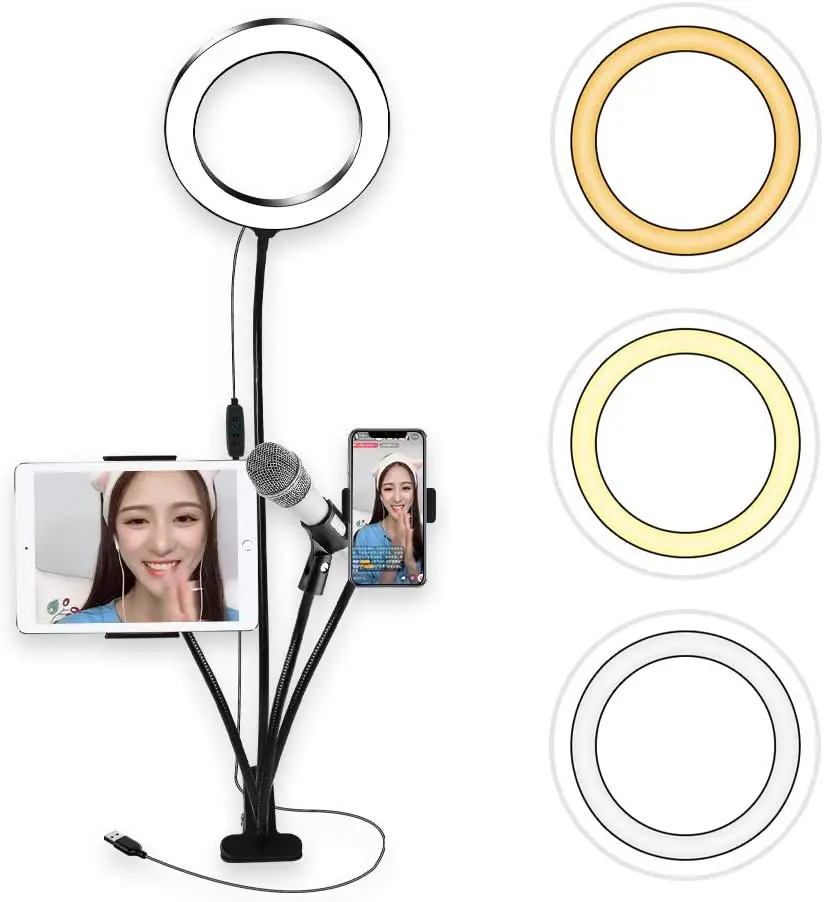 

4 in 1 3600lm 8 Inch 3200K-5500K Adjustable Fill Selfie Ring Light with Support Bracket/Phone Clip/Mic Holder for Live Broadcast