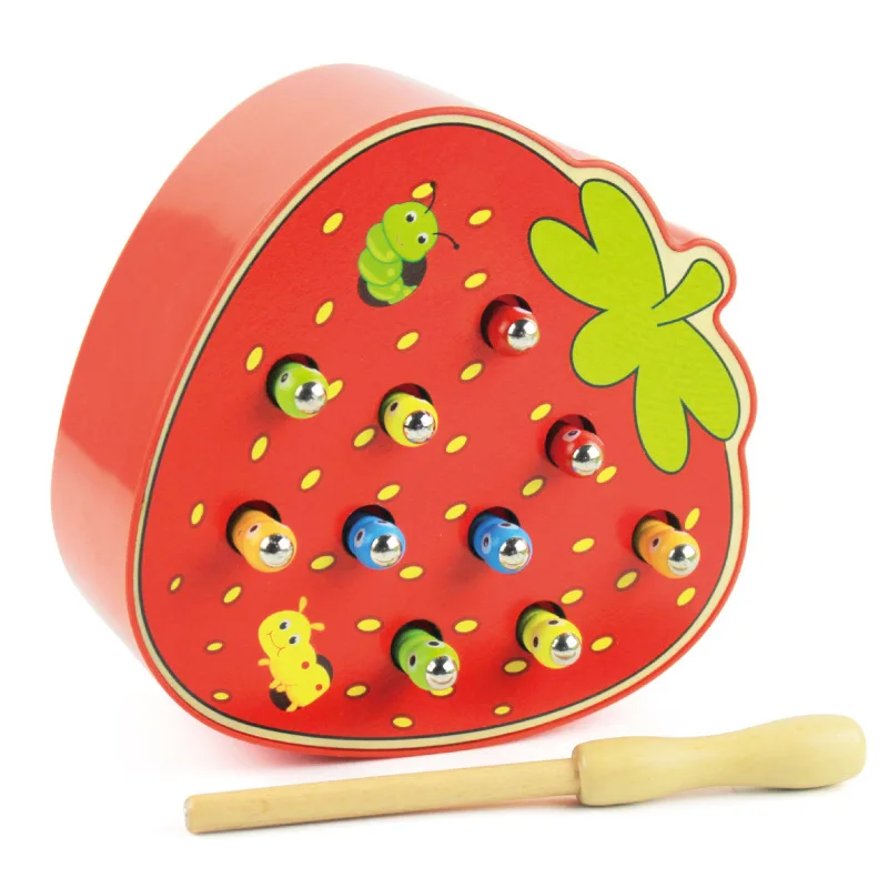 3D Color Cognitive Magnetic Strawberry Apple Wooden Catching Worms Game Wood Toys For Kids Educational