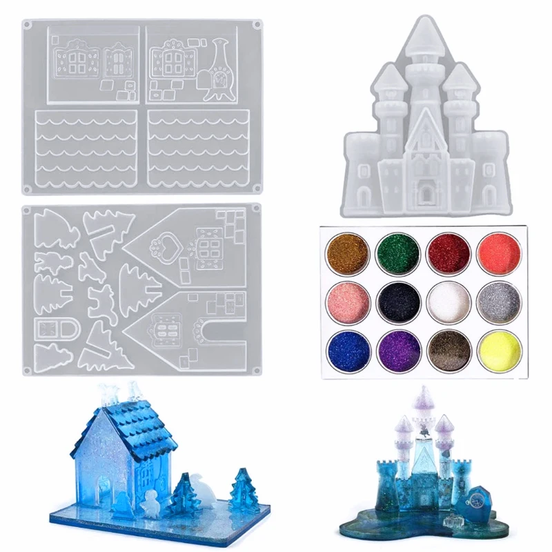 

crystal drop Christmas house Christmas castle ornaments epoxy resin type silicone mold art ashtray pendant cake tool handmade
