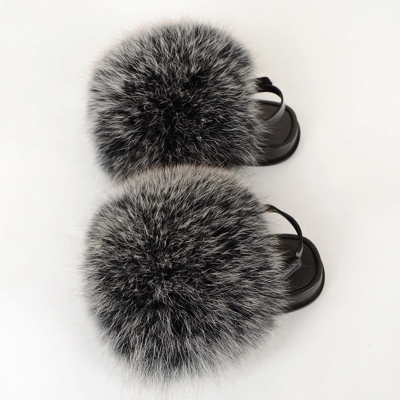 

Jtfur wholesale slippers toddler baby fur raccoon slides indoor wholesale women fox fur ball sliders