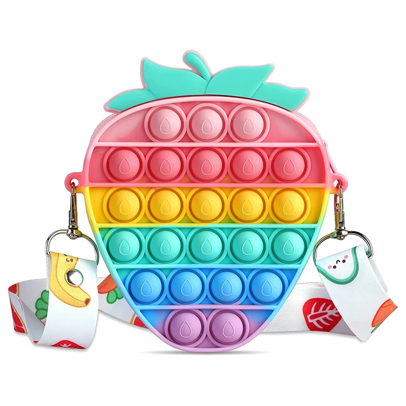 

2 in 1 Kids Strawberry Fidget Toy Purse Bag Zipper Rainbow Silicone Push Pop Bubble Fidget Popper Coin Purse Shoulder Handbag, Rainbow or customized