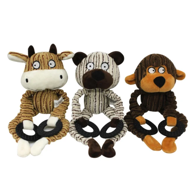 

Pet Sound Plush Toy Three-Color Rubber Ring Plush Monkey Cow Bear Pet Toy