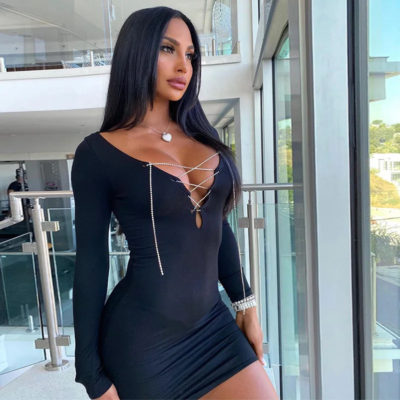 

Summer New Fashion Clothing Women Casual Long Sleeve Bodycon Mini Dresses Elegant Black V-Neck Lace Up Party Club Dress Sexy