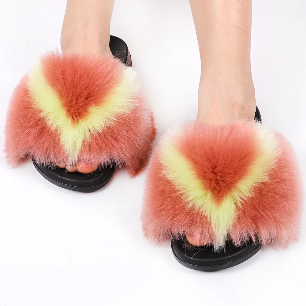 

Wholesale Fur Slippers Summer New Fashion Ladies Fur Slippers Color Fox Fur Slippers