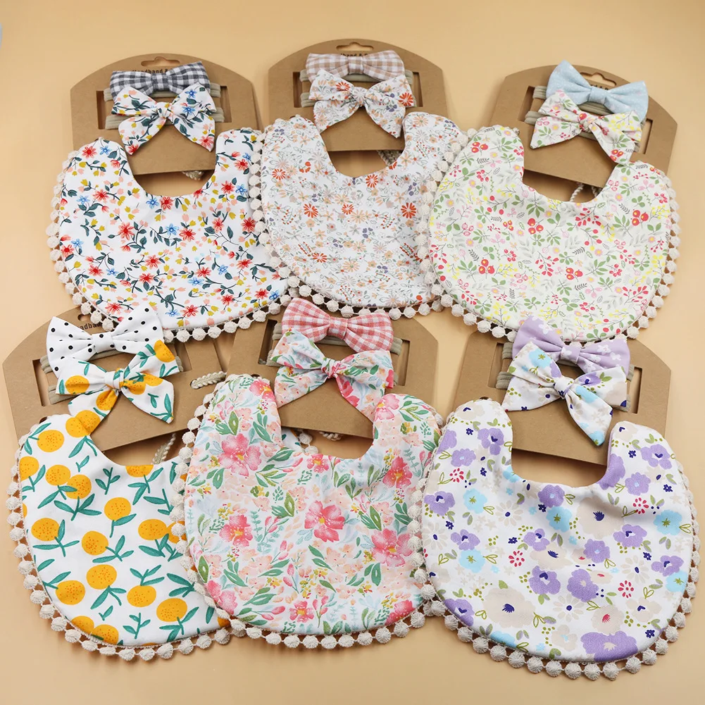 

Fashion Latest Lace Design Burp Cloth Bibs Reversible Baby Feeding Baby Bibs And Floral Headband Set, 9 kinds of printing