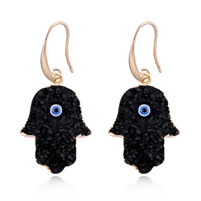 

Trendy Black White Resin Stone Druzy Blue Turkish Evil Eyes Earing Women Fatima Hamsa Hand Pendant Earrings Jewelry For Girls, As photo