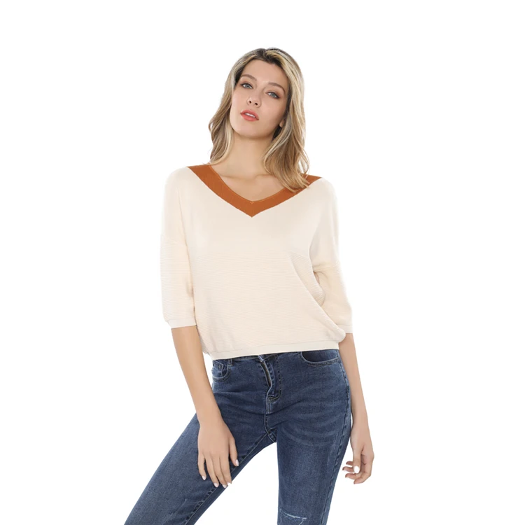 

Winter V-neck half-sleeve pullover short base shirt color matching women sweater2021