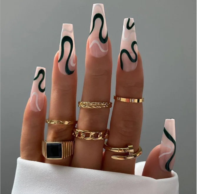 

Black 24 pcs Dark green waves Press on nail Artificial Fingernails