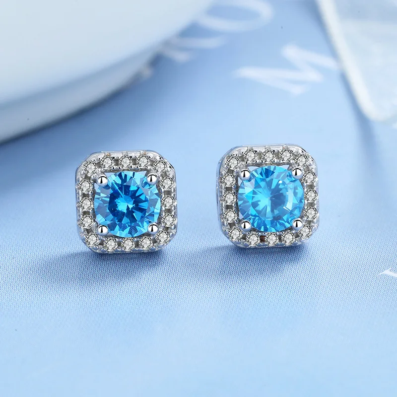 

Rainbowking Fashion 925 Sterling Silver Pave Setting Square Blue CZ Stud Earrings For Men Women 18K Rhodium Plated Jewelry Gifts