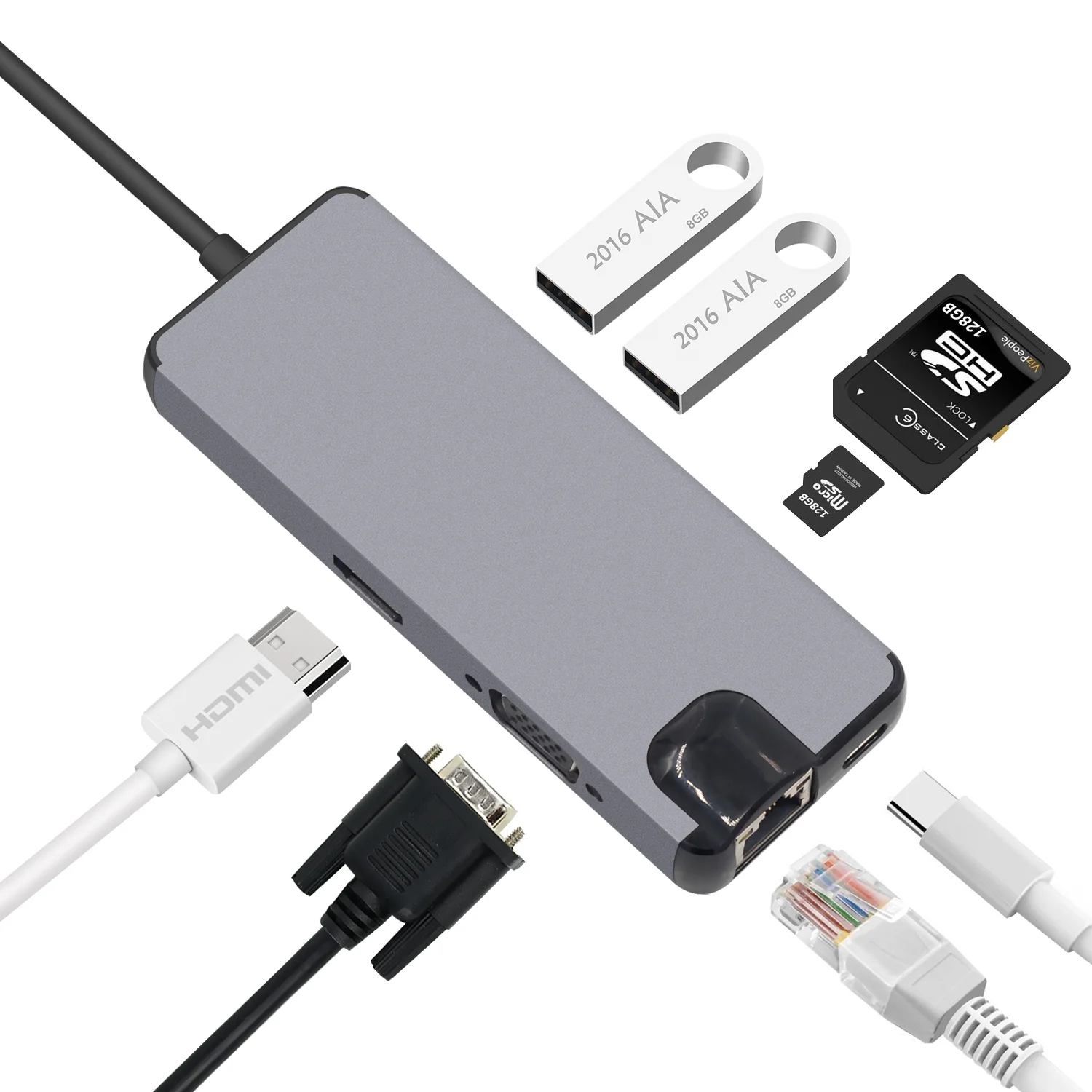

USB Type C to HD-MI VGA Gigabit Ethernet Lan RJ45 Adapter for Macbook Air Pro Type-C USB-C Hub Card Reader Dock Station, Gray