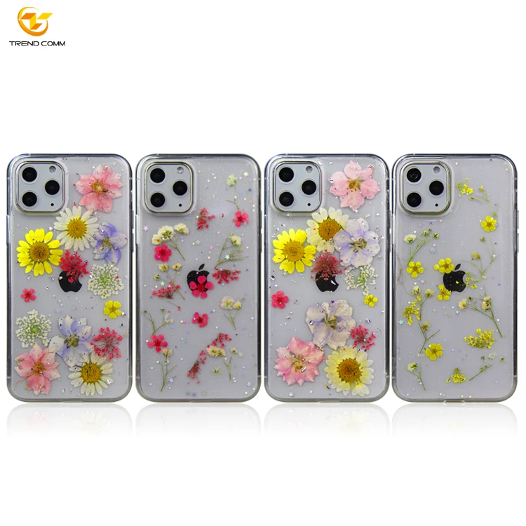 

100% Fashion Pressed Real Flower Handmade Shockproof Soft Slim TPU Case Bling Transparent Mobile Cover For iPhone 12 Pro Max