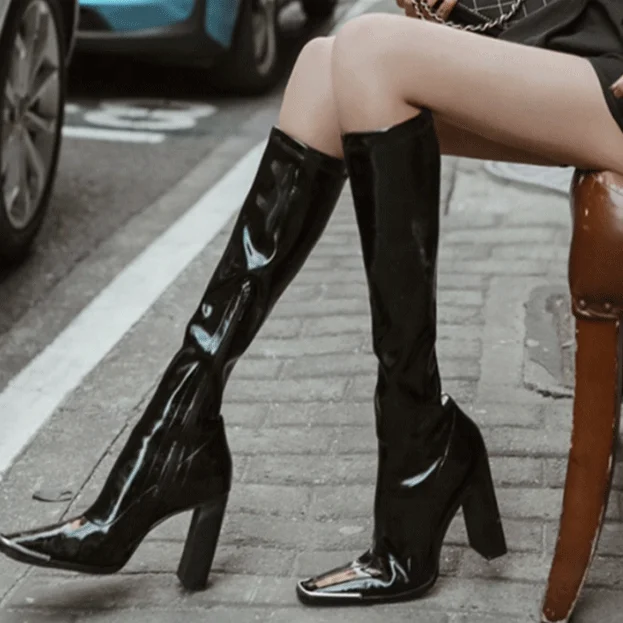 

Mirror Upper Women Knee-high Square Toe Side Zipper Boots Chunky Heel High Booties Patent Leather Long Booties For Ladies, Black