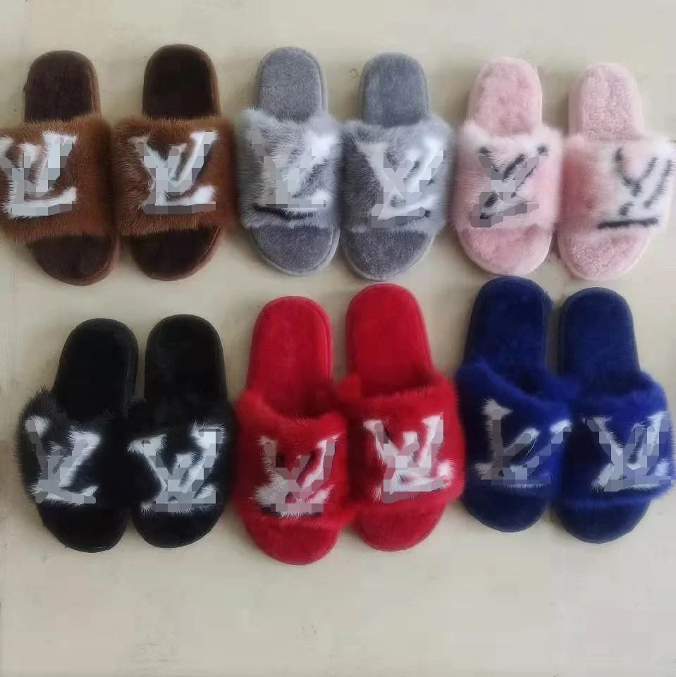

2021 New Design Fashion Ladies Sandals Custom letters logo Inspired Mink Fur Slides/Women Real Fur Slippers Wholesale Price, Customized color