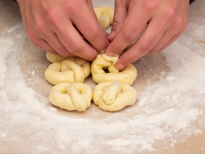 Hands shaping pretzel dough bites on floured surface