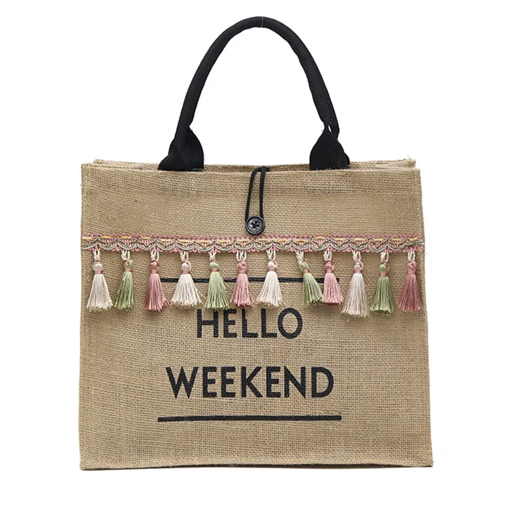 

Large Capacity Portable Letter Tassel Shopping Beach Casual Single Shoulder Tote linen Jute Bag, Customize