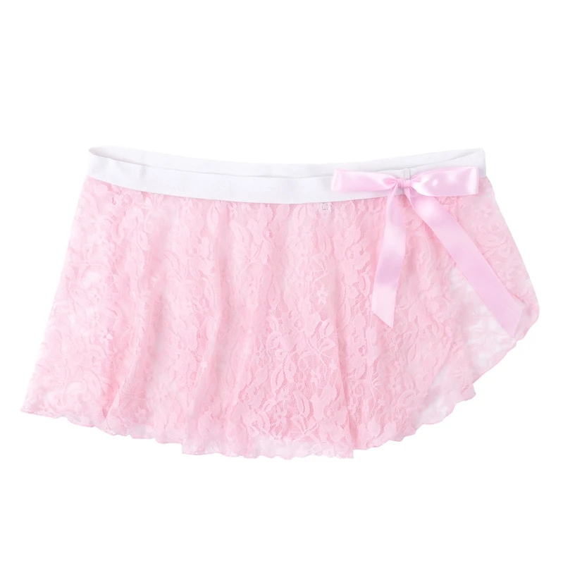 

iEFiEL Men Sissy Mini Skirts See Through Sheer Lace Mid Rise Elastic Waistband Side Split with Bowknot Sexy Mini Skirt Lingeries