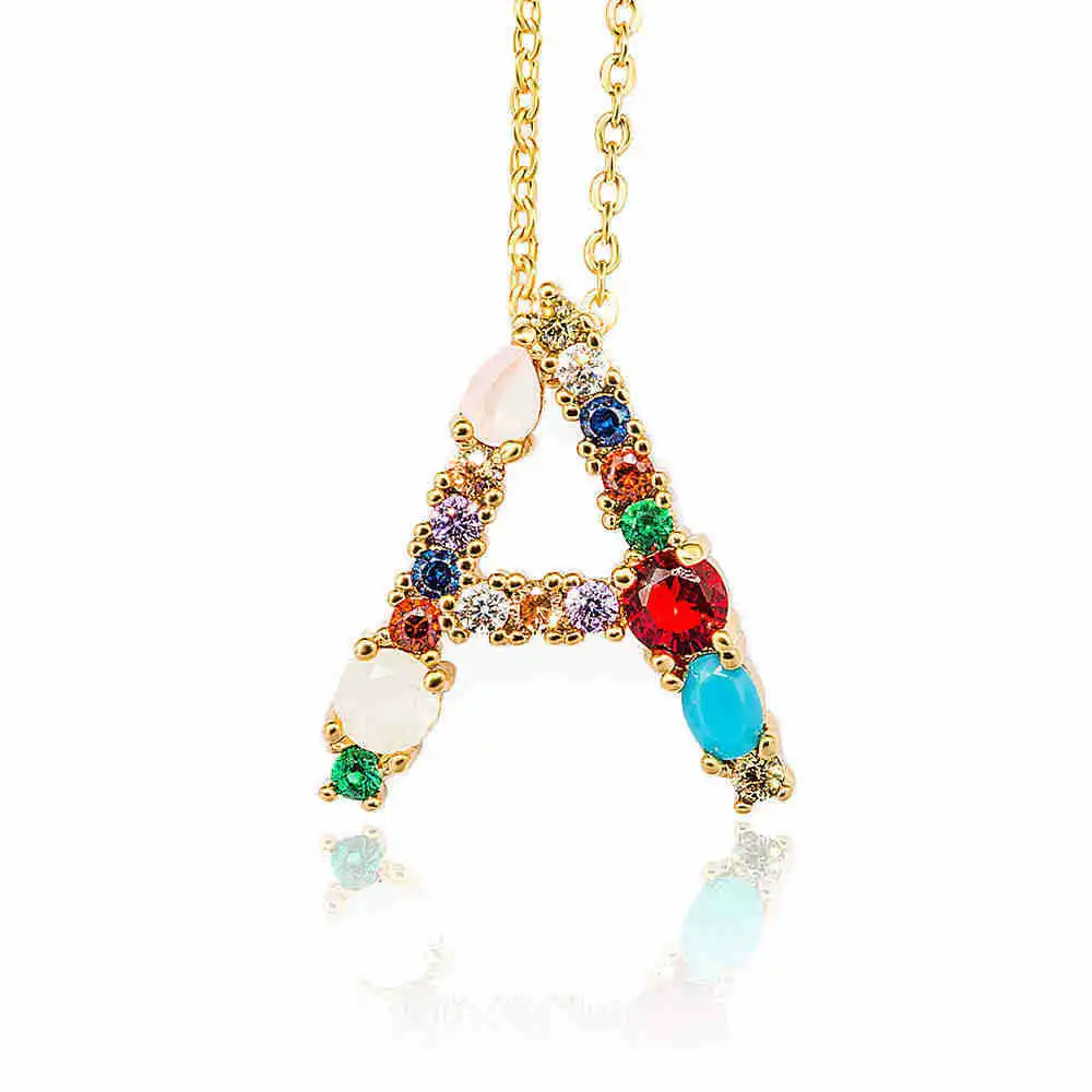 

Hot Sale CZ Charm Gold Rainbow Initial Necklace Letter For Women, Gold, silver