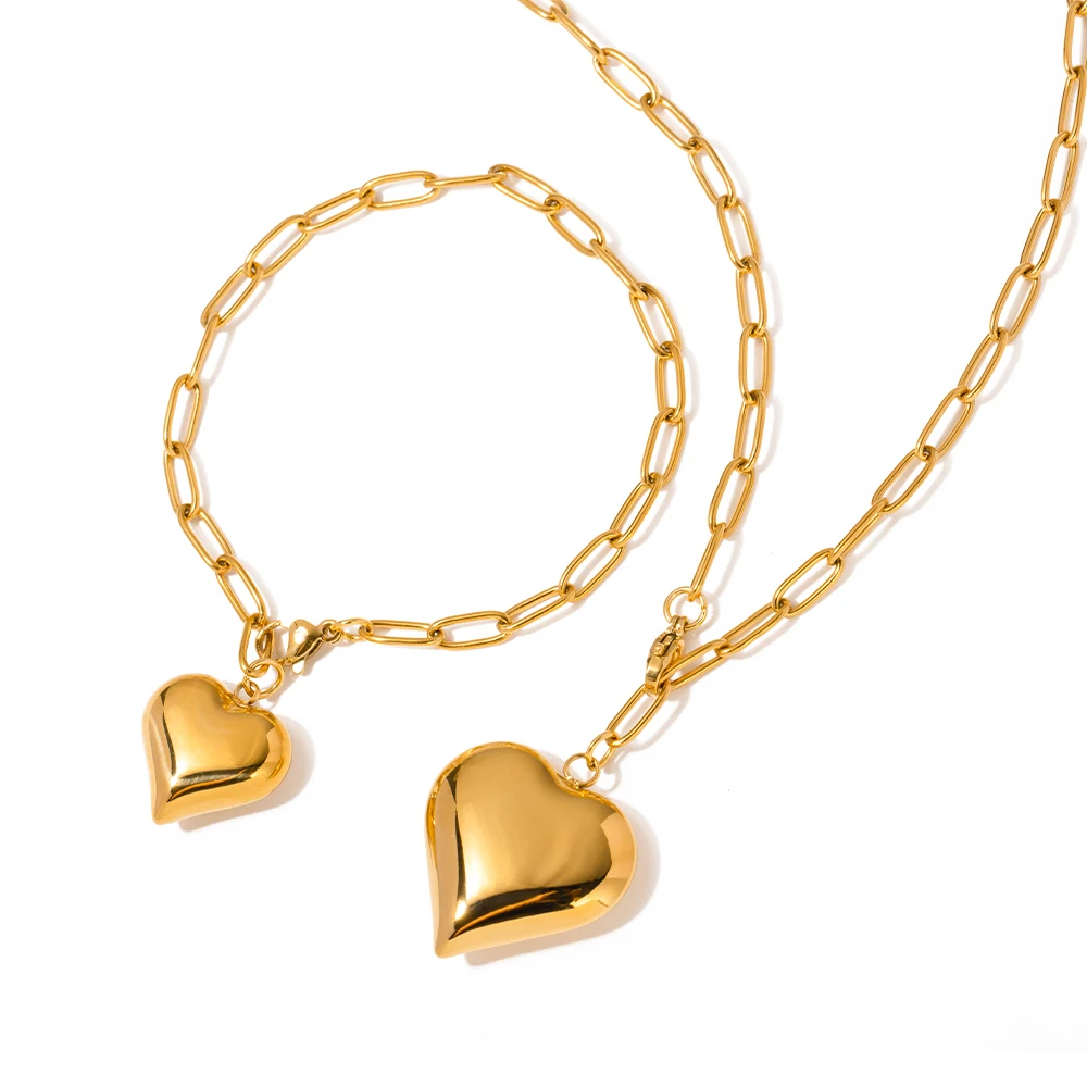 

J&D Jewelry 18K Gold Plated Smooth Love Charm Stainless Steel Chunky Heart Pendant Necklace Bracelet