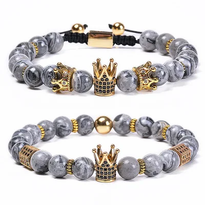 

New Natural Stone Bracelets Pulseira Masculina Feminina Erkek Bileklik Jewelry Couple Gifts Micro Pave CZ Crown Beads Bracelet