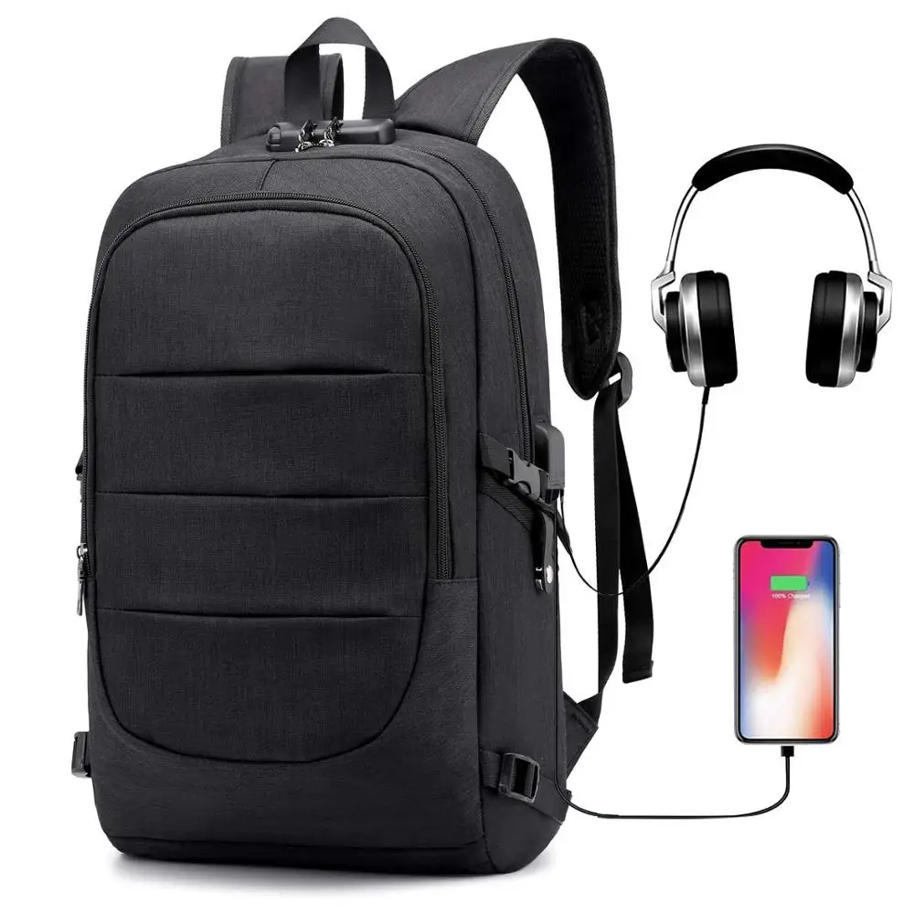 

Business Anti Theft Waterproof Travel Laptop Backpack with USB Charging Port & Headphone Interface for College Student, Black or customized