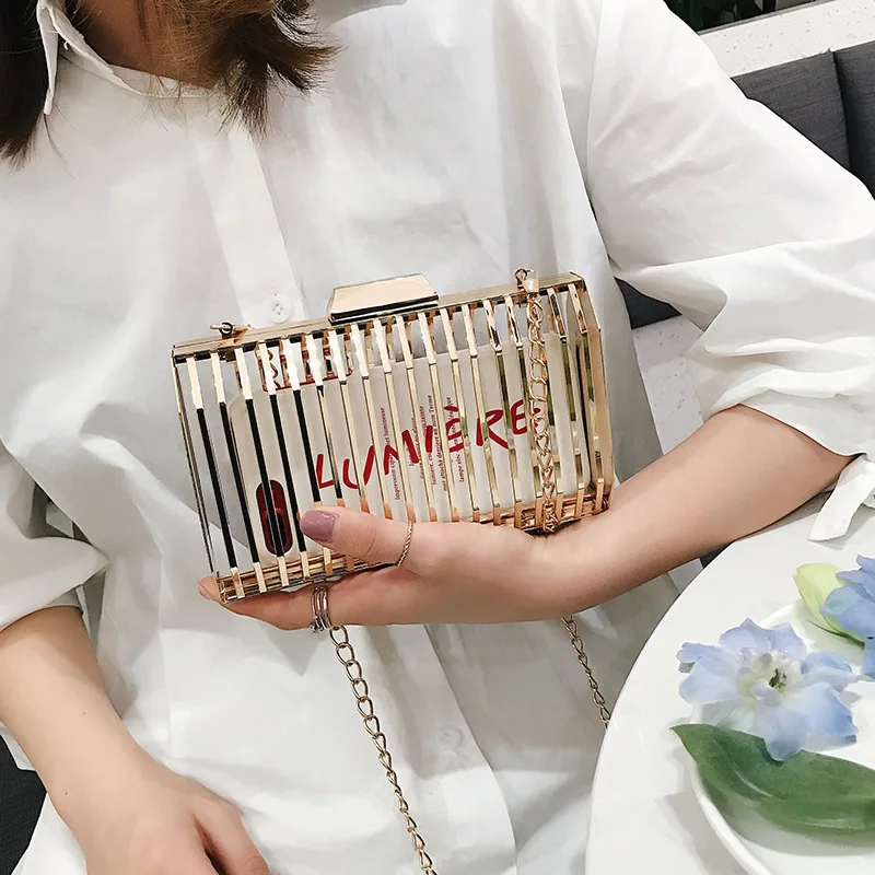 

JANHE Luxury sac a main femme Party Handbags Chain Golden Evening Bag Clutch Box Cage Purse, As pictures