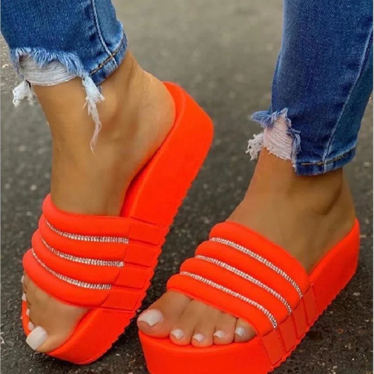 

Wholesale Custom Logo Woman Rhinestone Slipper Sandals Non Slip Thick Bottom Ladies Bling Slides, Pink/ white/ black/ yellow/ orange