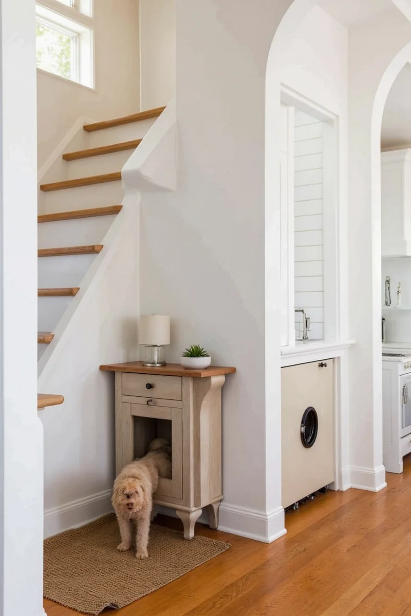 Cozy custom-built window seat with plush dog bed built-in overlooking outdoor garden