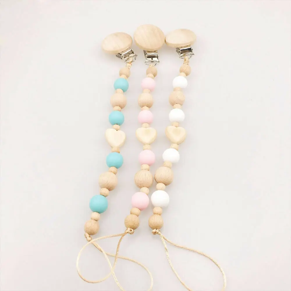 

Baby Wooden Silicone Heart Shape Pacifier Chain Safety Anti-Fall Pacifier Holder