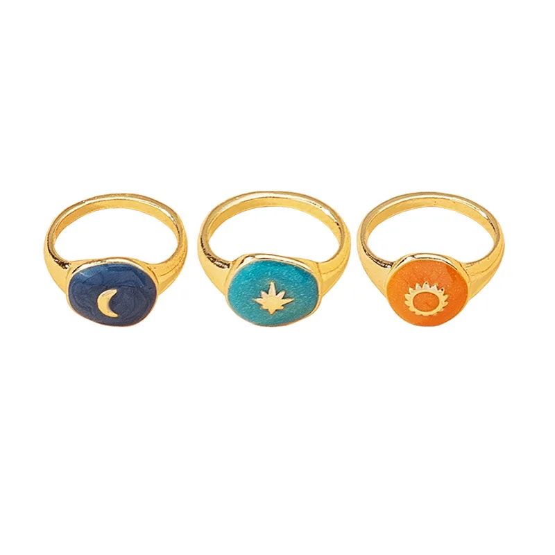 

2021 Fashion New Korean Women's Jewelry Golden Drop Glaze Star Moon Sun Ring, Like picture