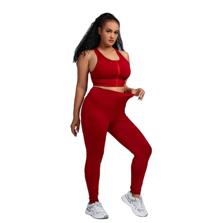 

red custom quick dry breathable fitness women sport wear scrunch butt leggings plus size 2 piece yoga matching sets with zipper, Sku shows