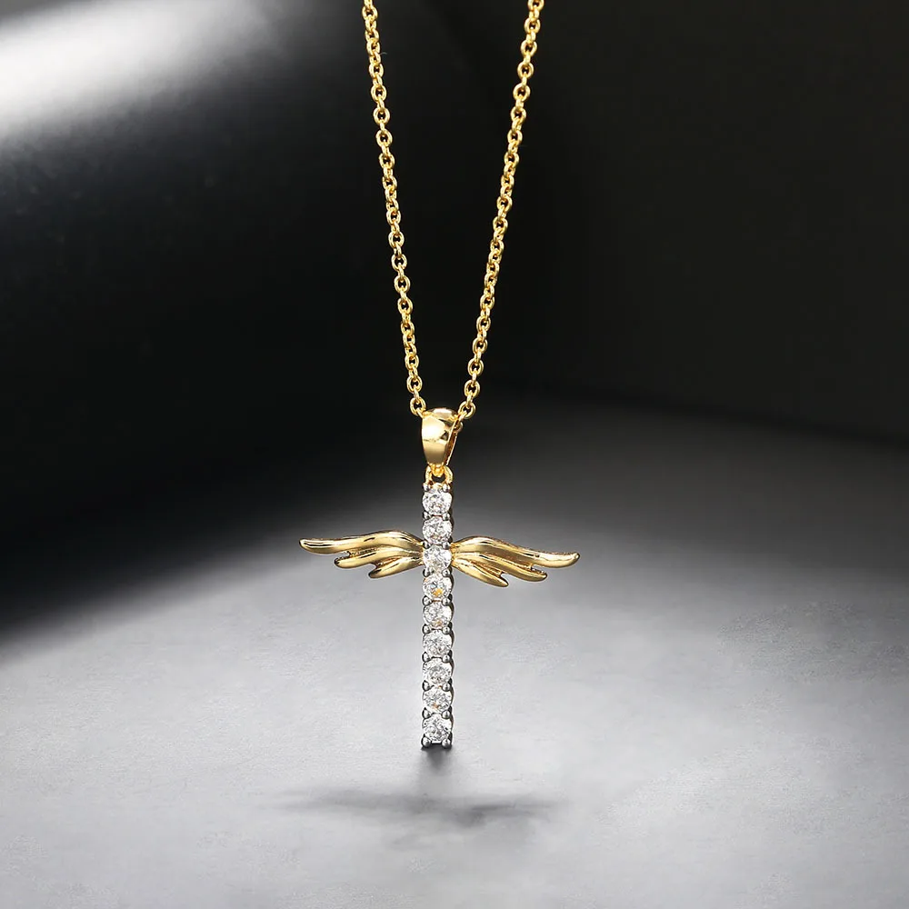 

Amazon Hot Sale Hip Hops Real Gold Plated Cubic Zircon Wings Cross Pendant Necklace Silver Gold Color CZ Cross Wings Necklace