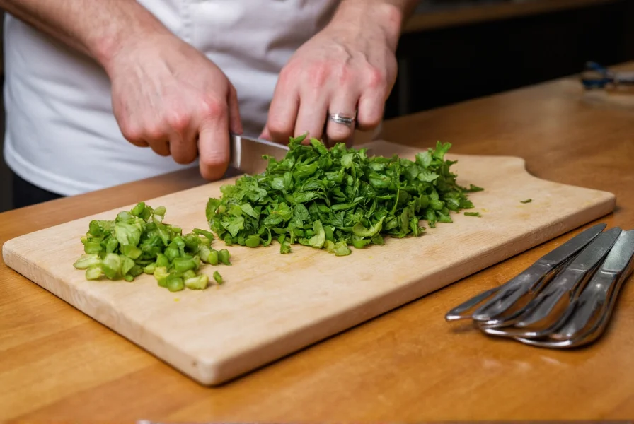 Chef's hands chopping fresh green herbs on wooden cutting board with knife and measuring spoons