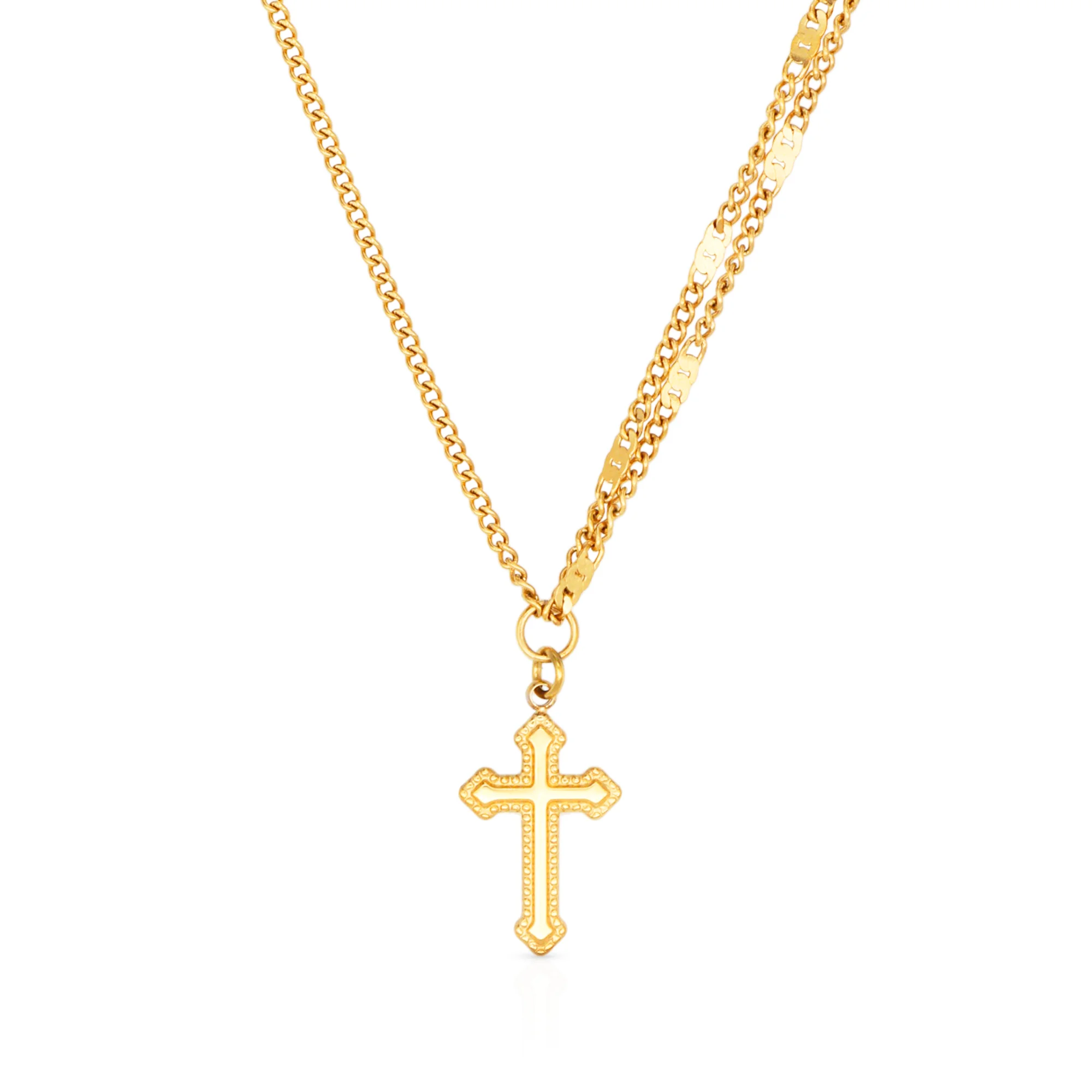 

Chris April in stock 18k PVD gold plated 316L stainless steel vintage double-layers cross pendant charm necklace