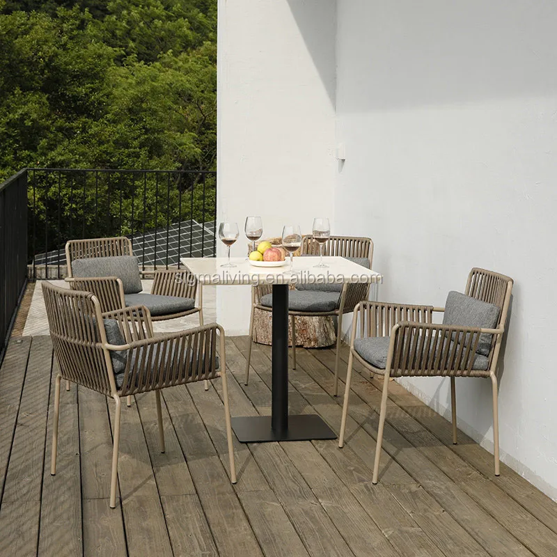 Nordic Style Cheap Hotel Patio Outdoor Garden Metal Iron Aluminum Frame Table Chairs Rope Dinning Furniture Set