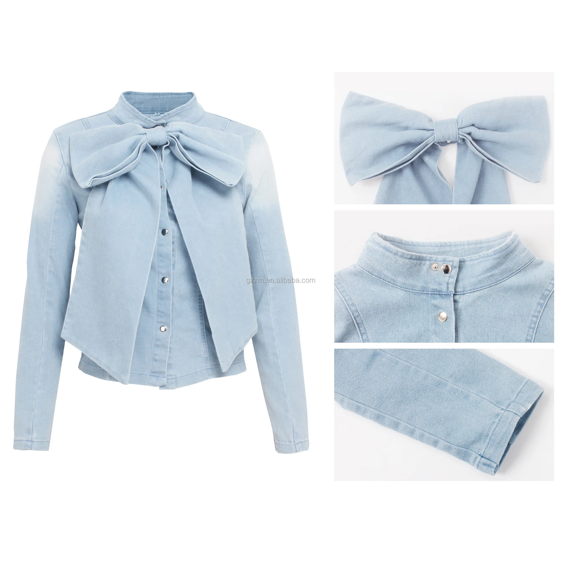 Camouflage Denim Big Bow Tie Coats Solid Color Washed Worn Long Sleeve