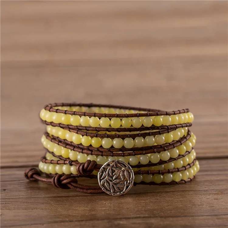 

YueTong 4mm Lemon jade bead bracelet yellow natural stone 5 strands leather cord bracelet Exclusive stackable bracelet