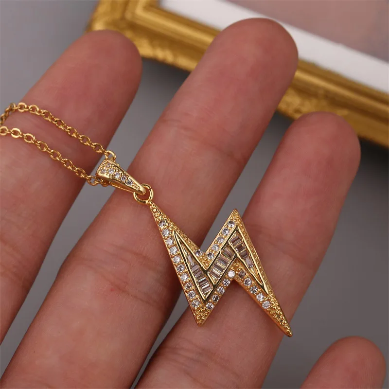 

Hip Hops 18k Gold Plated Micro Pave CZ Lightning Necklaces Bling Bling Cubic Zircon Lightning Pendant Necklaces