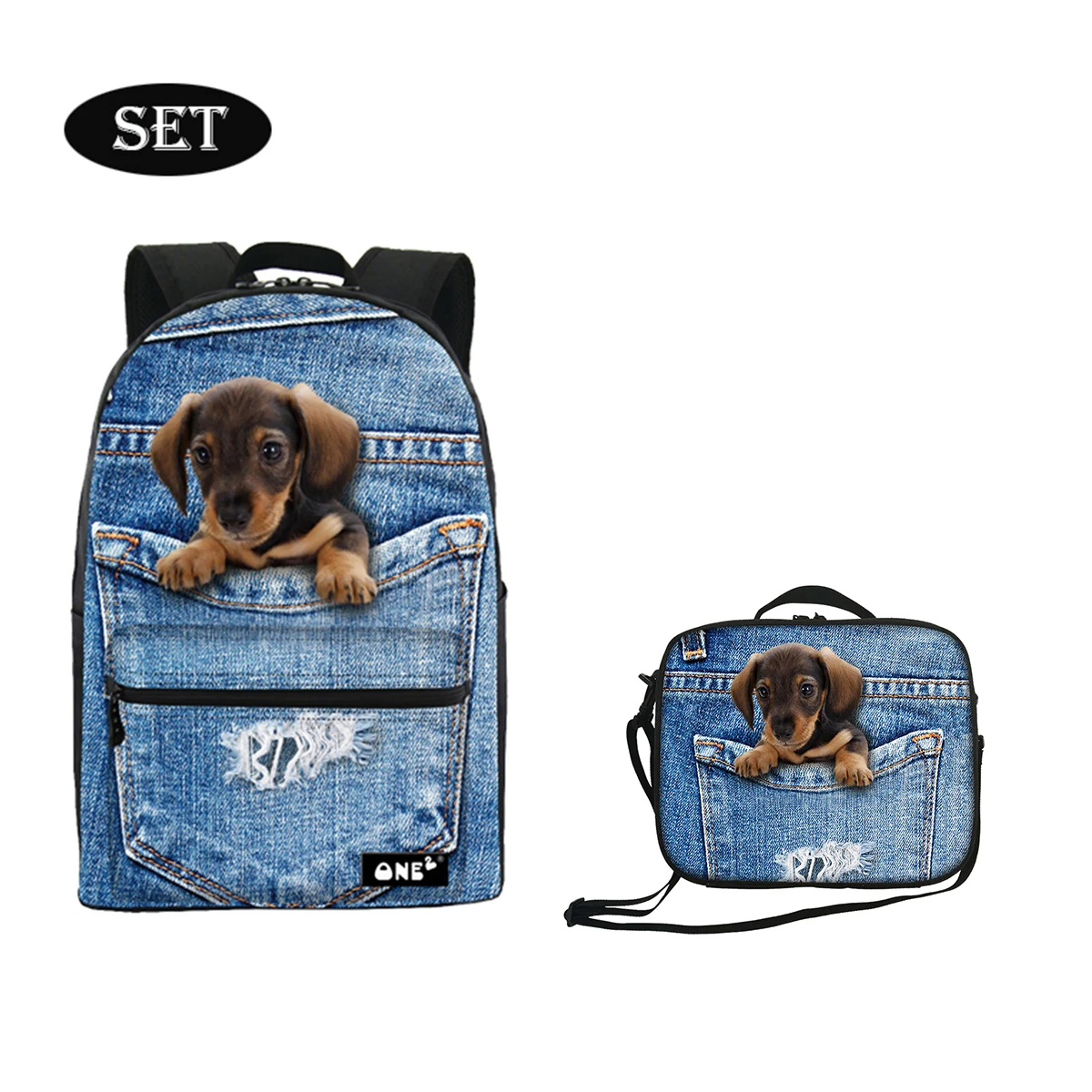 

Hot Sale Cute Cat&Dog On Jeans Pocket Printed school bag with lunch box set waterproof kids lunch bag for school+backpacks, Customized