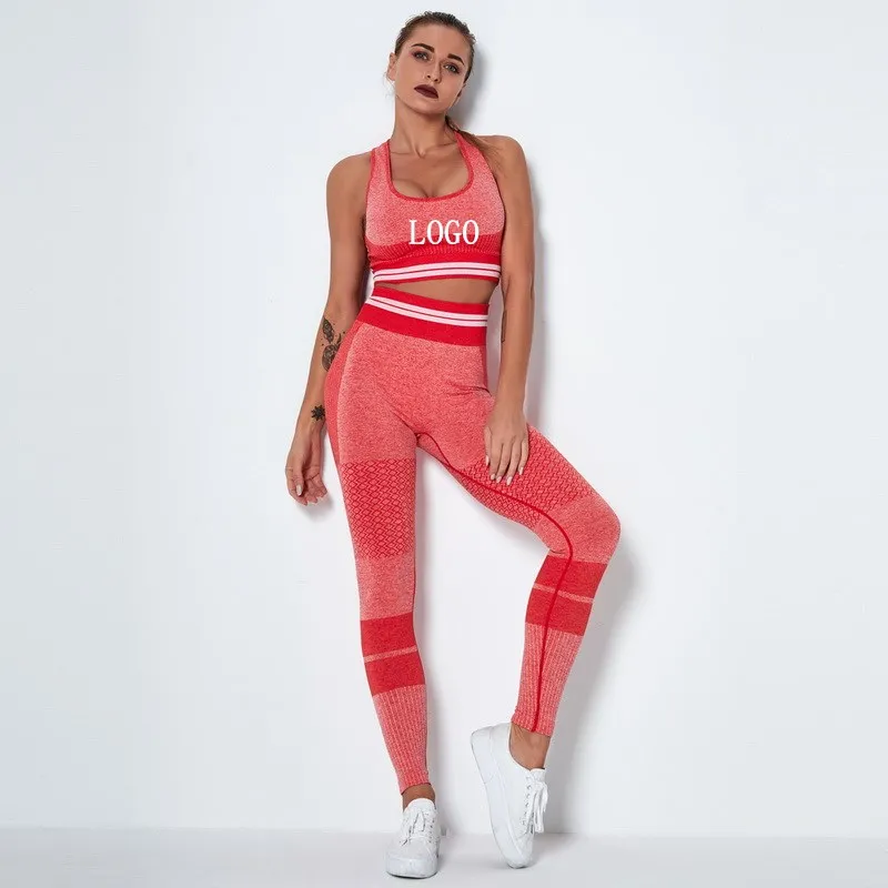 

Seamless Knitted Custom Logo Sports Yoga Long Sleeved Two Pieces Striped Indoor Pants Suit, As picture