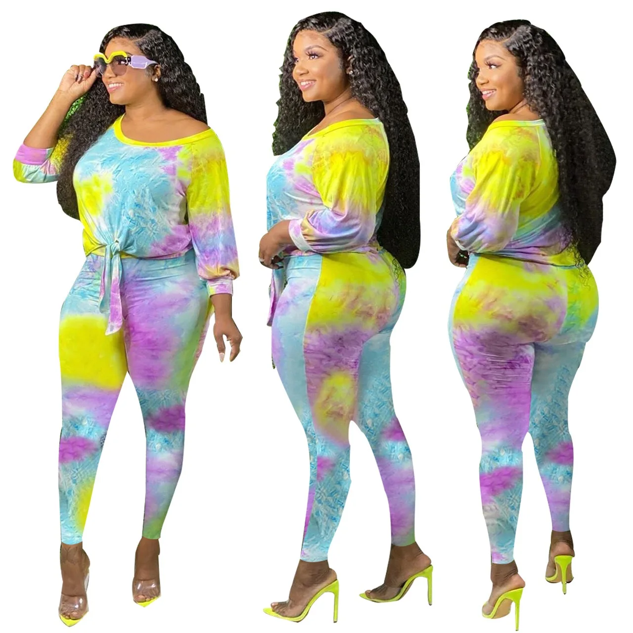 2020 Fall Clothing For Women 4xl Plus Size Tie Dye Set Ladies Blouses With Skinny Leggings Two 