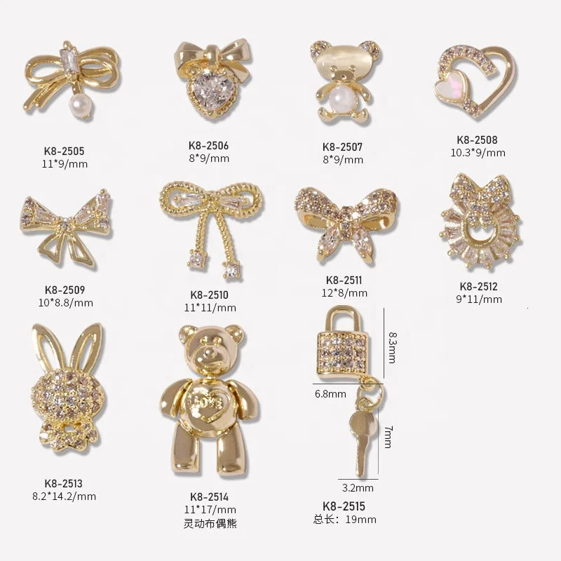 

Paso Sico Golden Design Luxury Nail Art Charms Bow Rabbit Bear Heart Multi Designs Alloy Nail Art Design for DIY