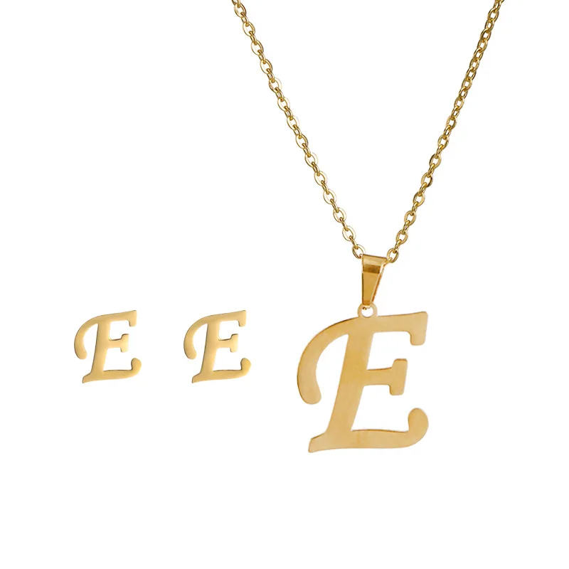 

New Stainless Steel Initial Letter Necklaces Earrings Set Jewelry 14K Gold Plating A-Z Alphabet Capital Letter Pendant Necklaces