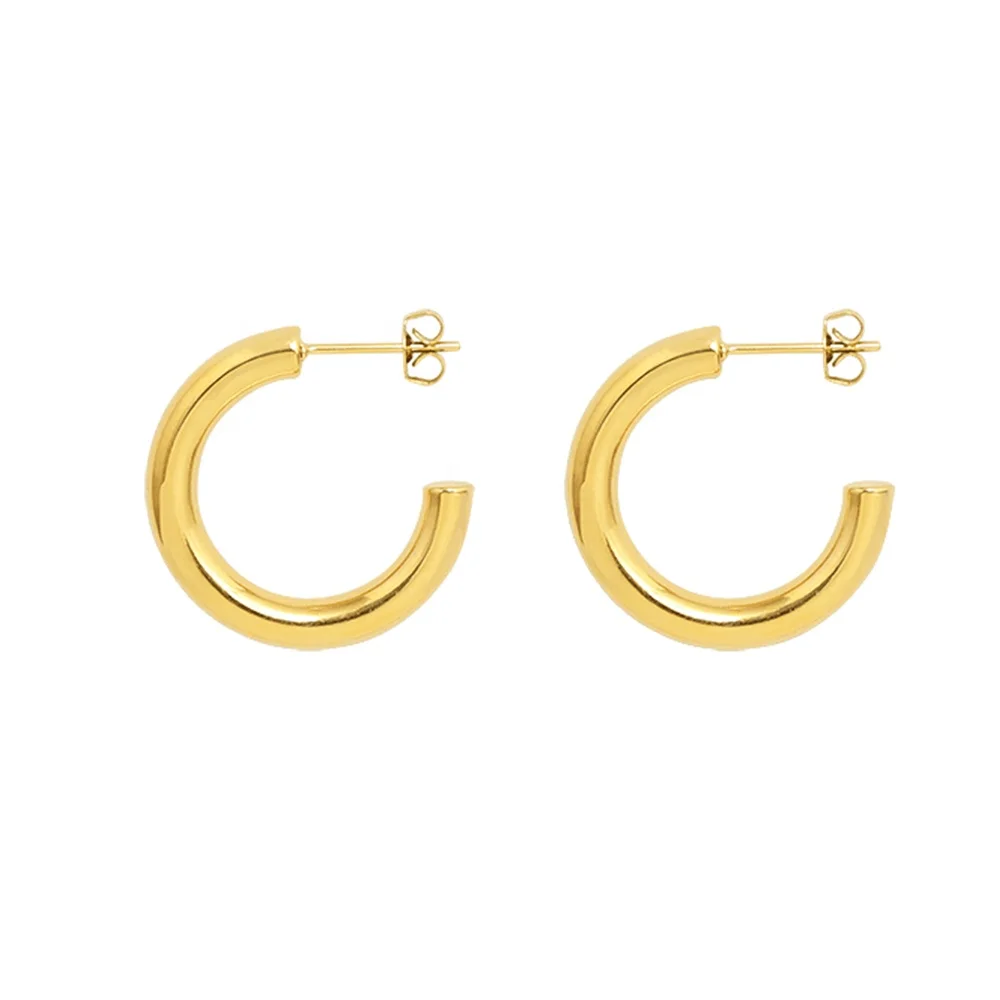 

316L Stainless Steel Jewelry C Shaped Hoop Stud Earrings Hollow Huggie Piercing Arete 18K Gold Plated Chunky Open Hoop Earrings, Steel/gold/rose gold and other