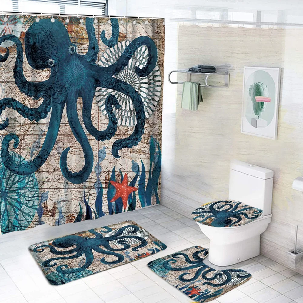 

4 piece hot selling polyester waterproof sea turtle design shower curtain set with rug for bathroom hot sale amazon, Customized