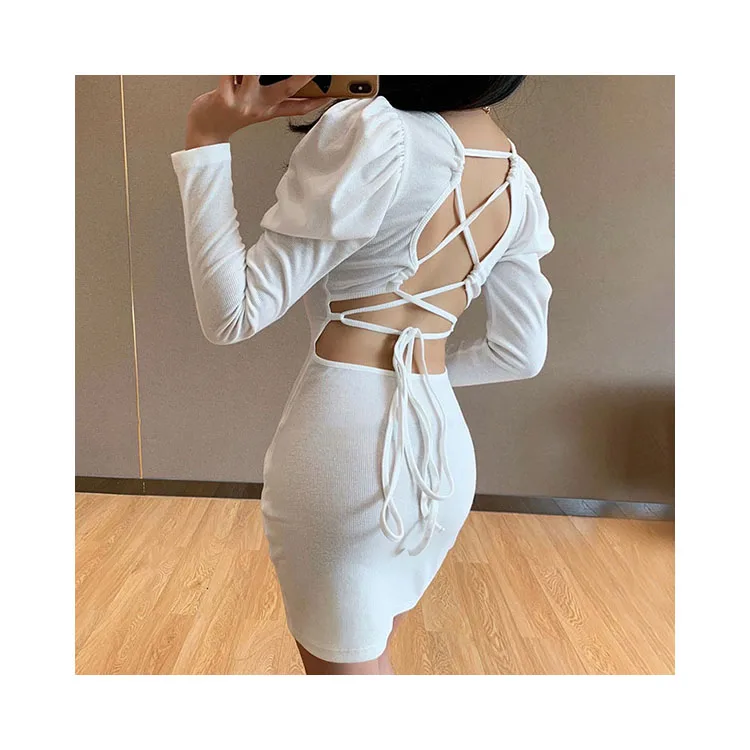 

Backless Ladies Fashion Sexy Bubble Sleeve Fitted Dress, Picture color